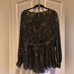 BloomChic Womens 14 16 Black Gold Metallic Star Print Peplum Blouse Whimsigoth